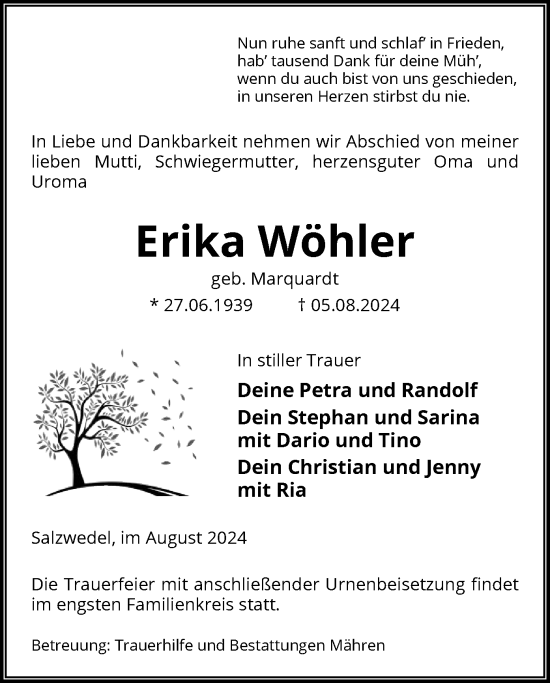 Traueranzeige von Erika Wöhler von UEL