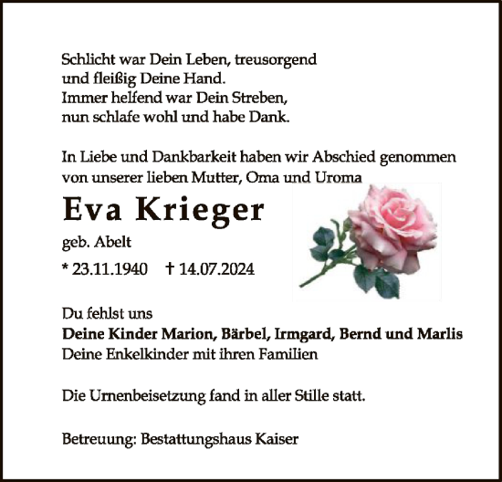 Traueranzeige von Eva Krieger von UEL