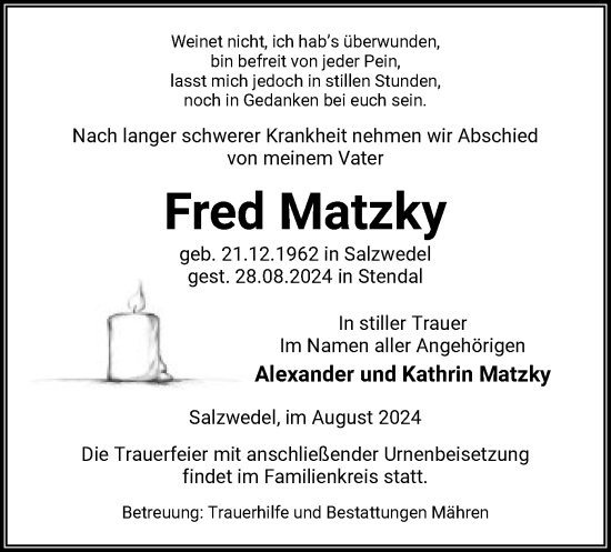 Traueranzeige von Fred Matzky von UEL