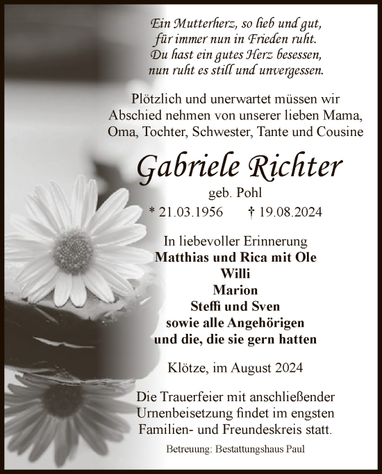 Traueranzeige von Gabriele Richter von UEL