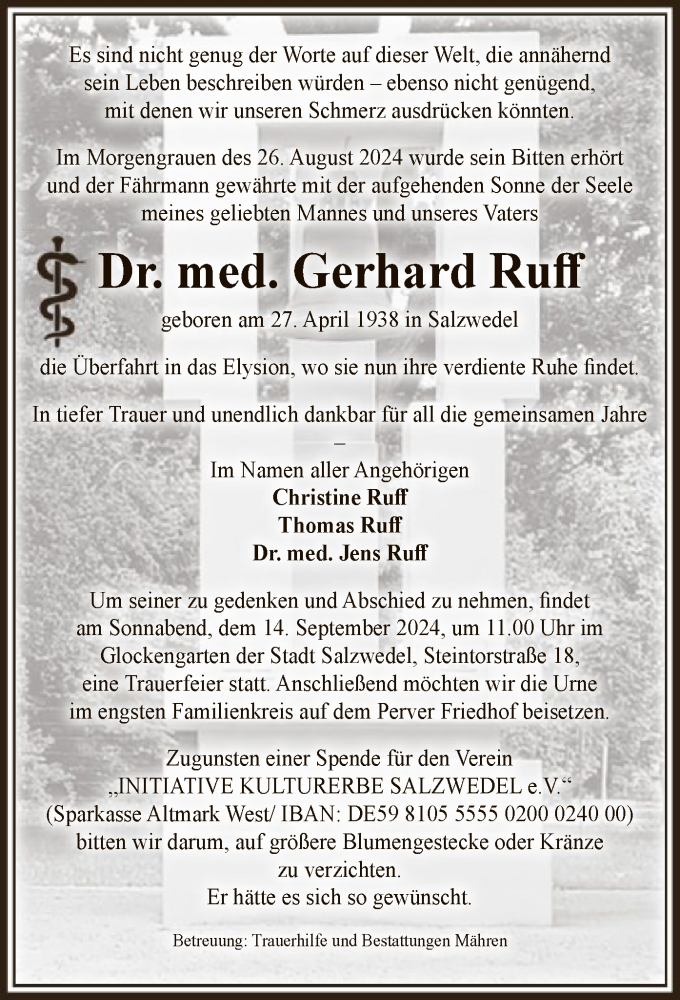  Traueranzeige für Gerhard Ruff vom 31.08.2024 aus UEL