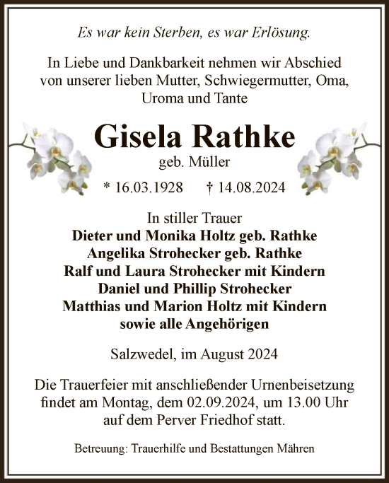 Traueranzeige von Gisela Rathke von UEL