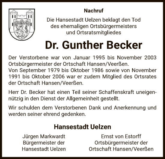 Traueranzeige von Gunther Becker von UEL