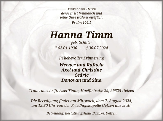 Traueranzeige von Hanna Timm von UEL