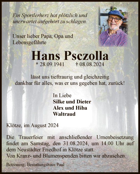 Traueranzeige von Hans Psczolla von UEL