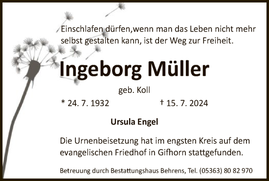 Traueranzeige von Ingeborg Müller von UEL