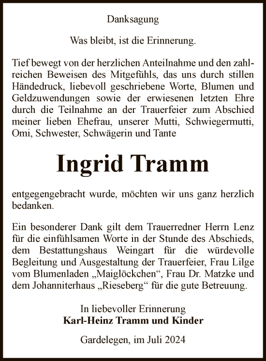 Traueranzeige von Ingrid Tramm von UEL