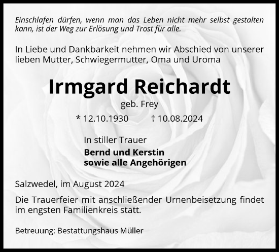 Traueranzeige von Irmgard Reichardt von UEL