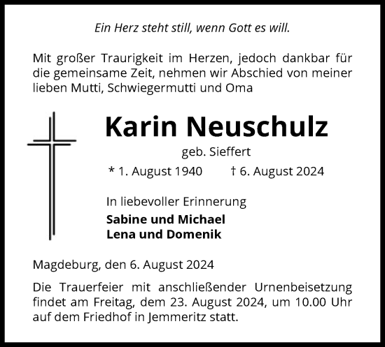 Traueranzeige von Karin Neuschulz von UEL