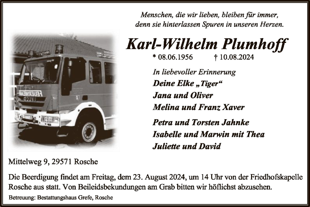  Traueranzeige für Karl-Wilhelm Plumhoff vom 17.08.2024 aus UEL