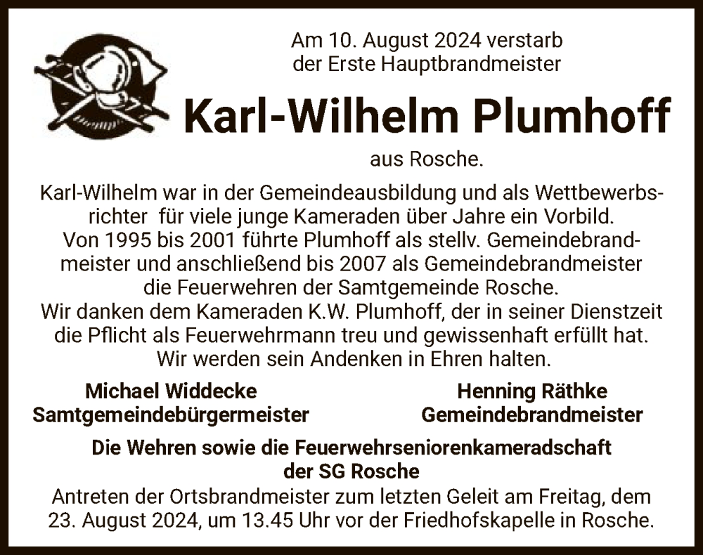  Traueranzeige für Karl-Wilhelm Plumhoff vom 17.08.2024 aus UEL