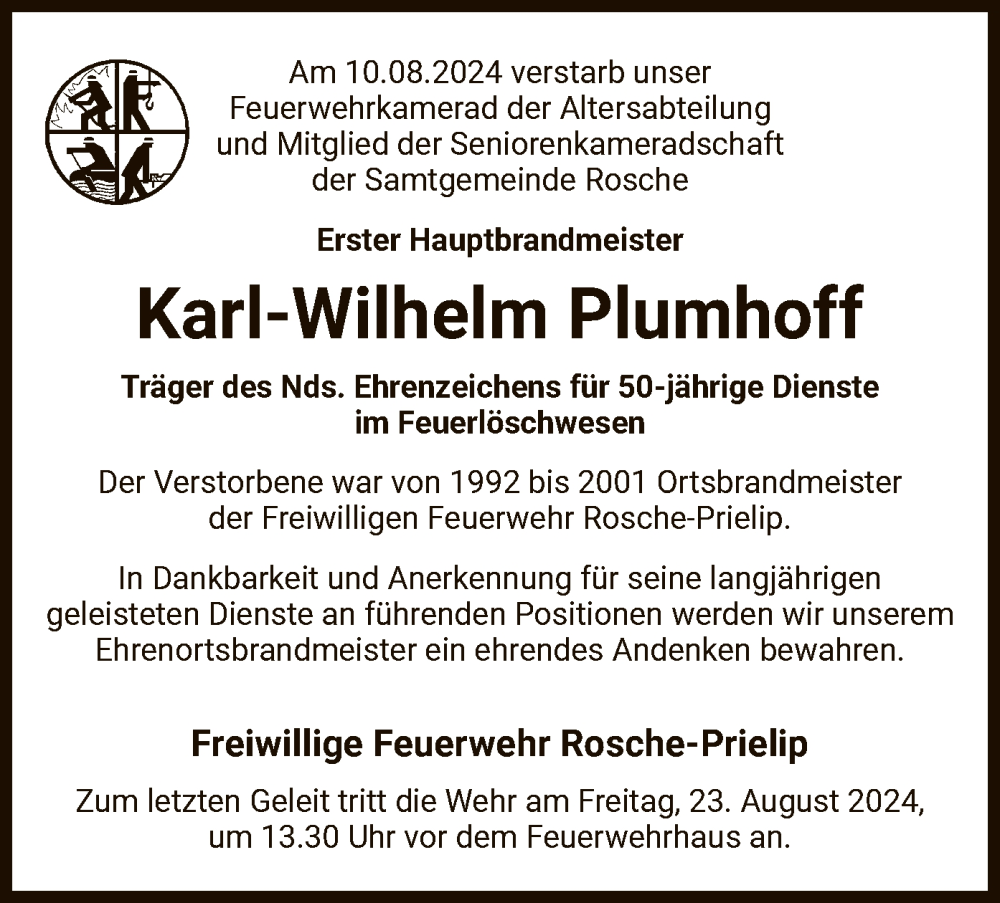  Traueranzeige für Karl-Wilhelm Plumhoff vom 17.08.2024 aus UEL