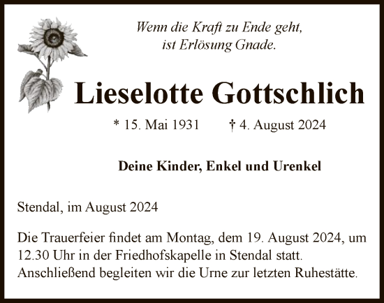 Traueranzeige von Lieselotte Gottschlich von UEL