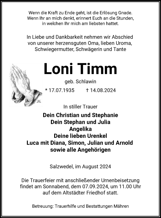 Traueranzeige von Loni Timm von UEL