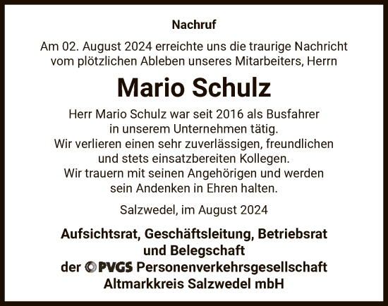 Traueranzeige von Mario Schulz von UEL