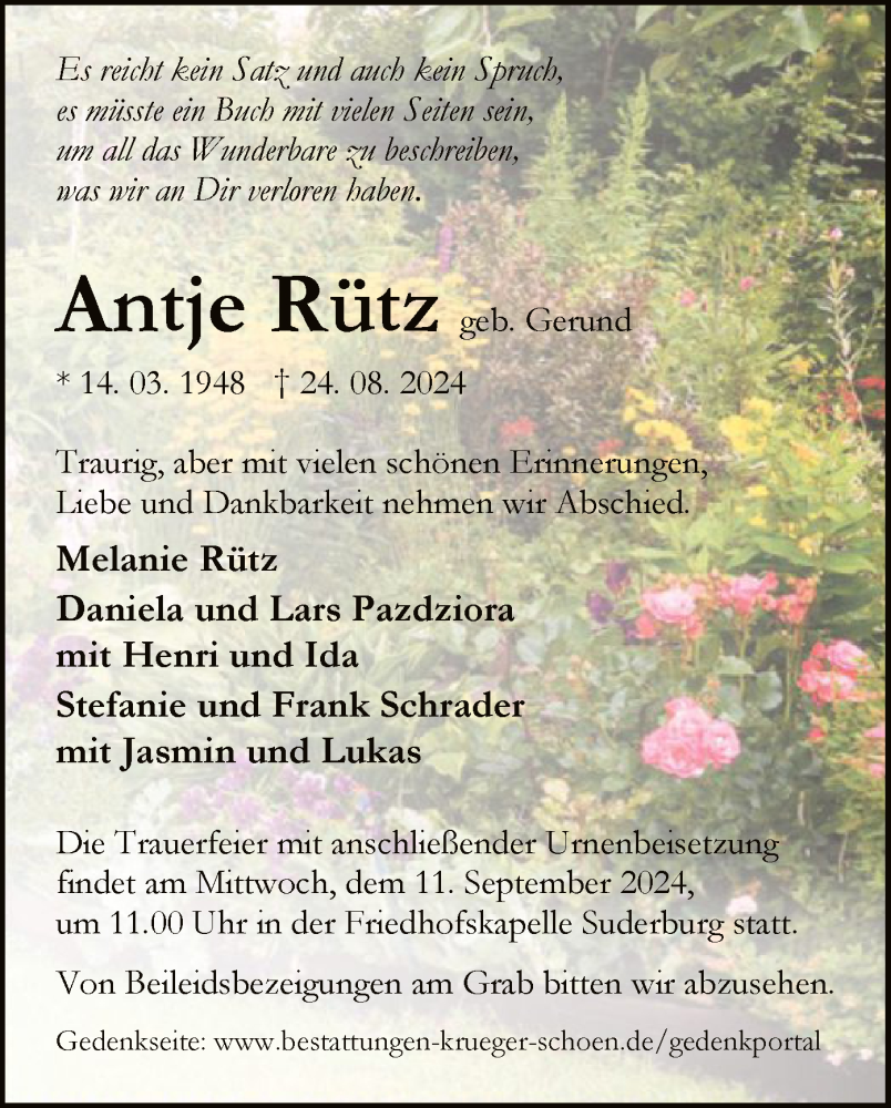  Traueranzeige für Antje Rütz vom 31.08.2024 aus UEL