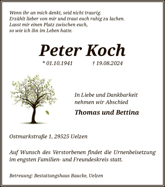 Traueranzeige von Peter Koch von UEL