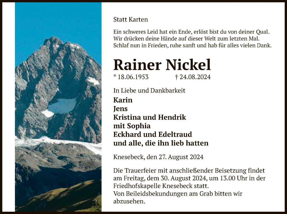  Traueranzeige für Rainer Nickel vom 27.08.2024 aus UEL