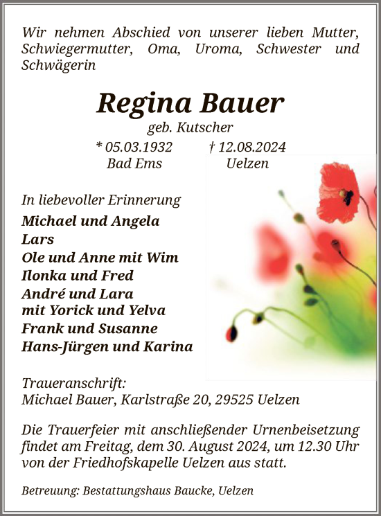 Traueranzeige von Regina Bauer von UEL