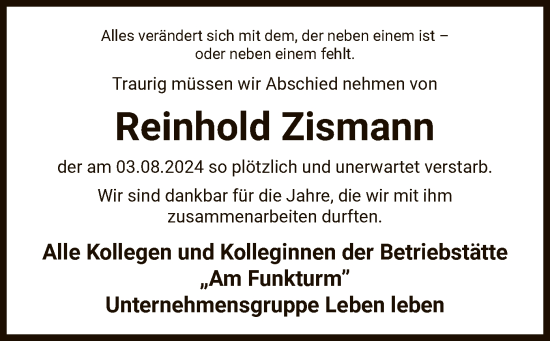 Traueranzeige von Reinhold Zismann von UEL