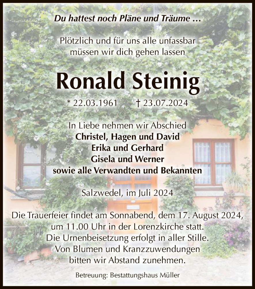  Traueranzeige für Ronald Steinig vom 02.08.2024 aus UEL