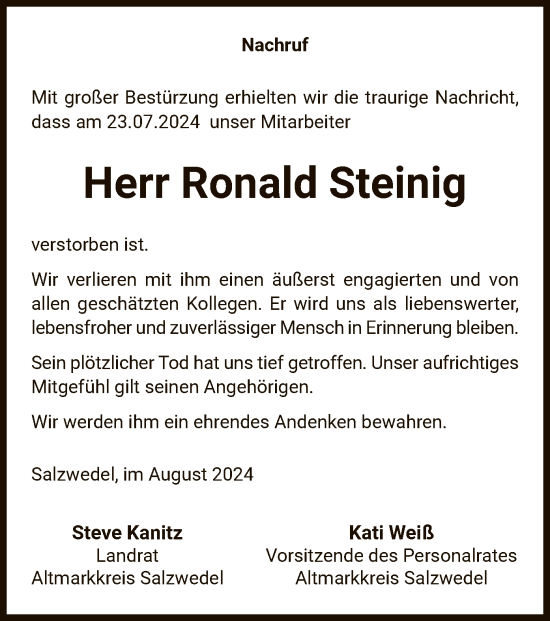 Traueranzeige von Ronald Steinig von UEL