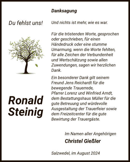 Traueranzeige von Ronald Steinig von UEL