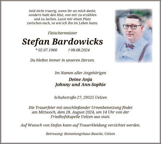 Traueranzeige von Stefan Bardowicks von UEL