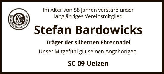 Traueranzeige von Stefan Bardowicks von UEL