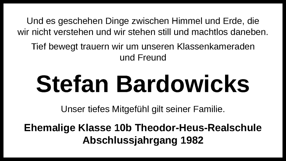  Traueranzeige für Stefan Bardowicks vom 24.08.2024 aus UEL