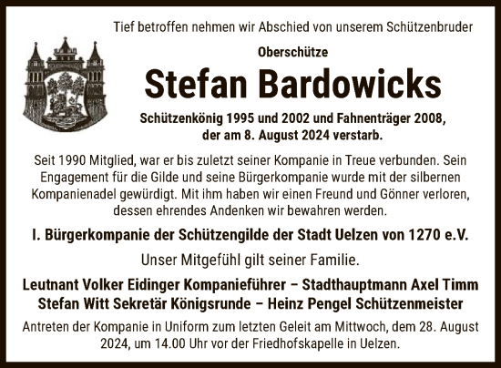 Traueranzeige von Stefan Bardowicks von UEL