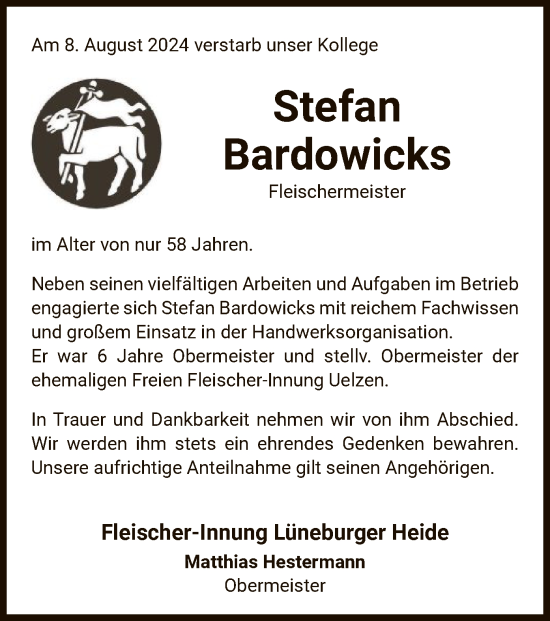 Traueranzeige von Stefan Bardowicks von UEL