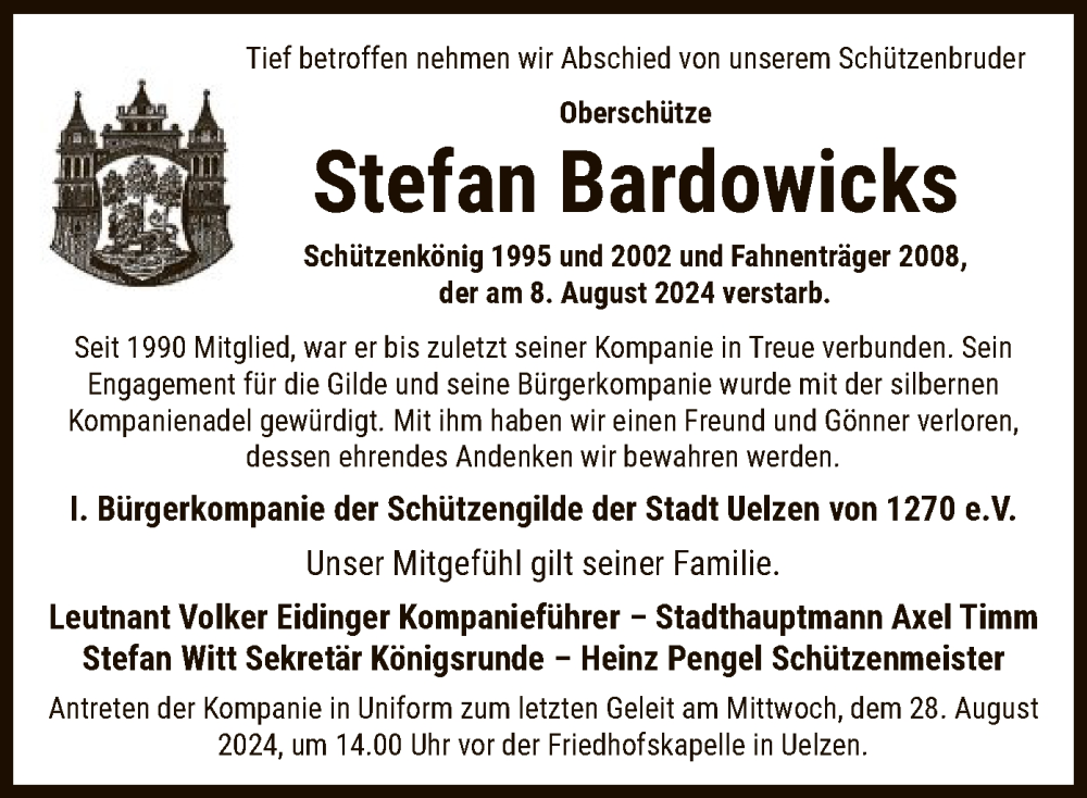  Traueranzeige für Stefan Bardowicks vom 24.08.2024 aus UEL