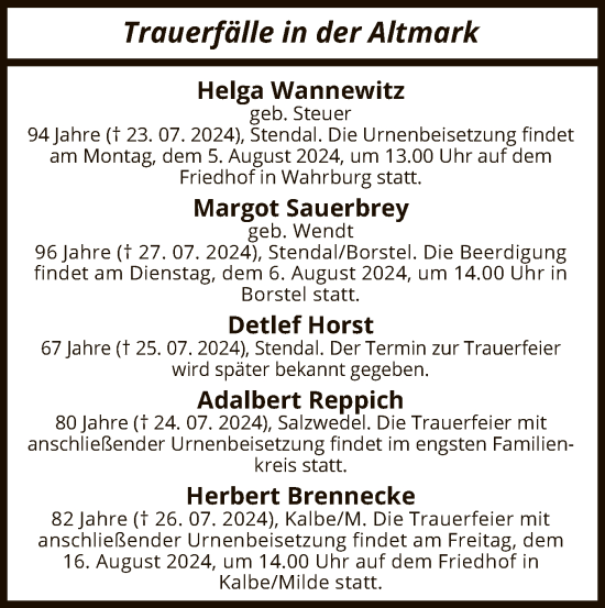 Traueranzeige von Sterbetafel vom 02.08.2024 von UEL