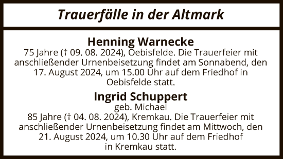 Traueranzeige von Sterbetafel vom 14.08.2024 von UEL