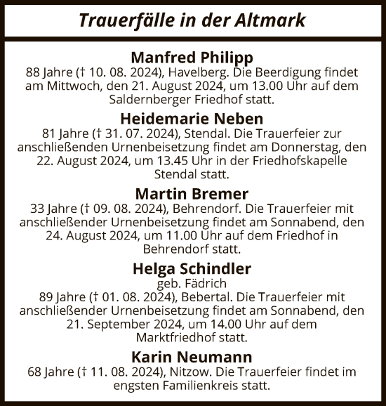 Traueranzeige von Sterbetafel vom 19.08.2024 von UEL