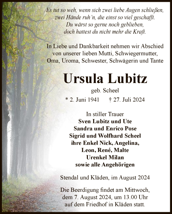 Traueranzeige von Ursula Lubitz von UEL