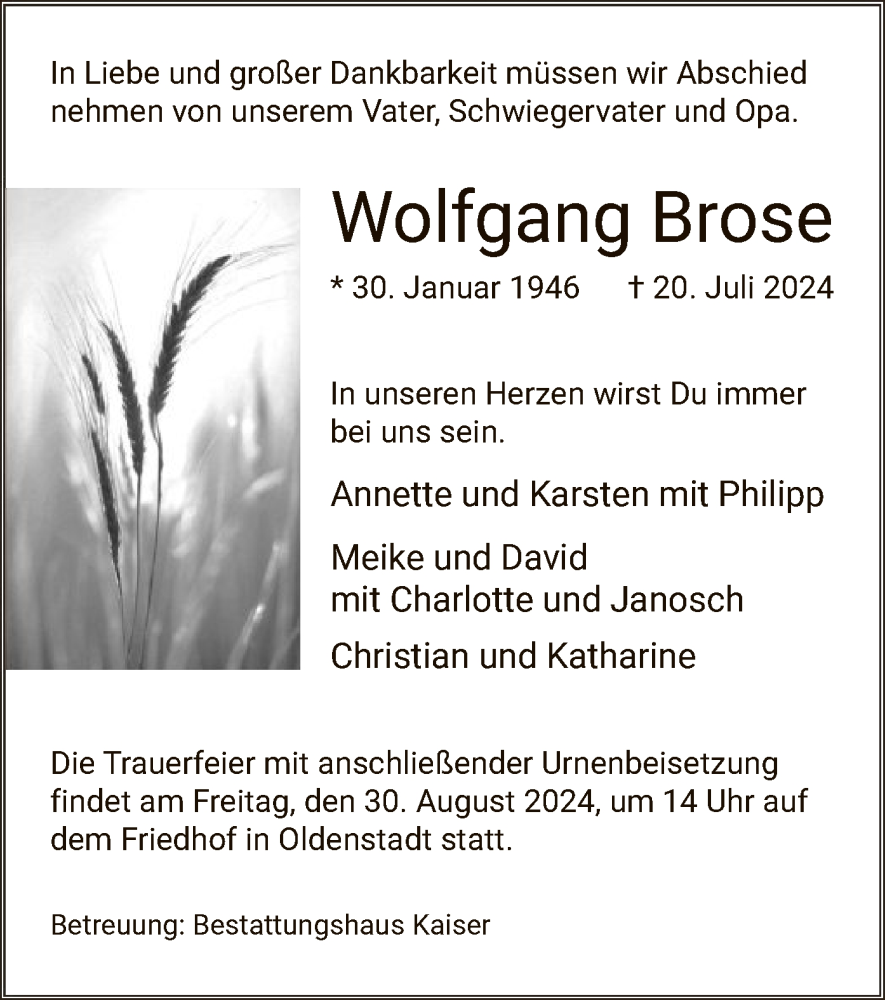  Traueranzeige für Wolfgang Brose vom 10.08.2024 aus UEL