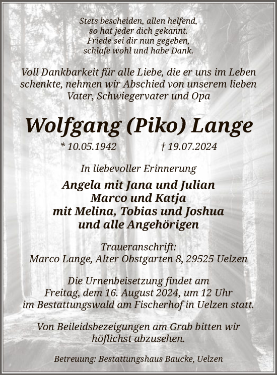 Traueranzeige von Wolfgang Lange von UEL