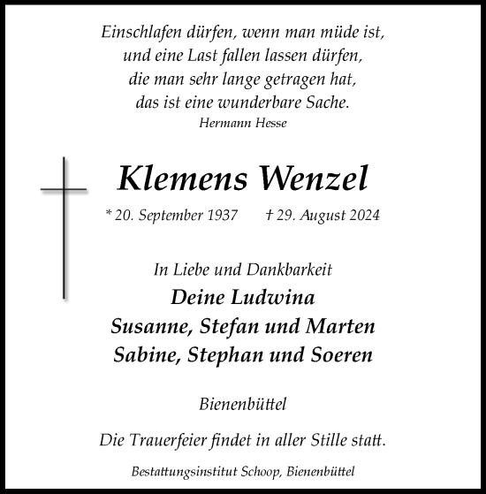 Traueranzeige von Klemens Wenzel von UEL