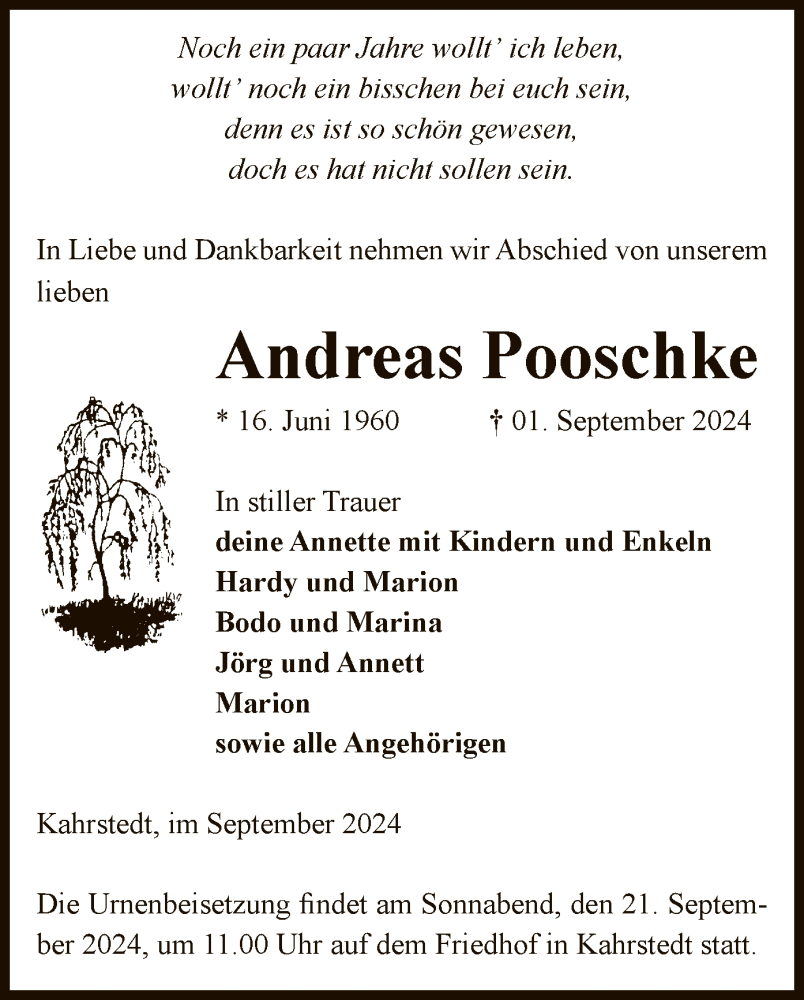  Traueranzeige für Andreas Pooschke vom 04.09.2024 aus UEL