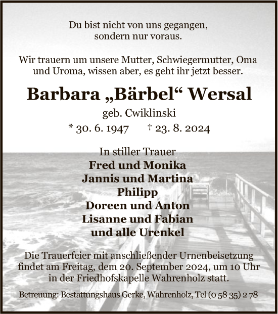 Traueranzeige von Barbara Wersal von UEL