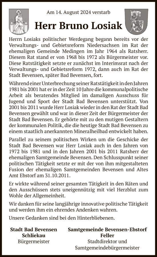 Traueranzeige von Bruno Losiak von UEL