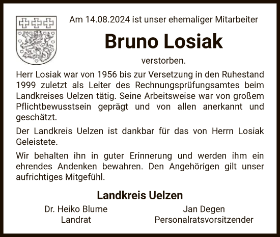 Traueranzeige von Bruno Losiak von UEL