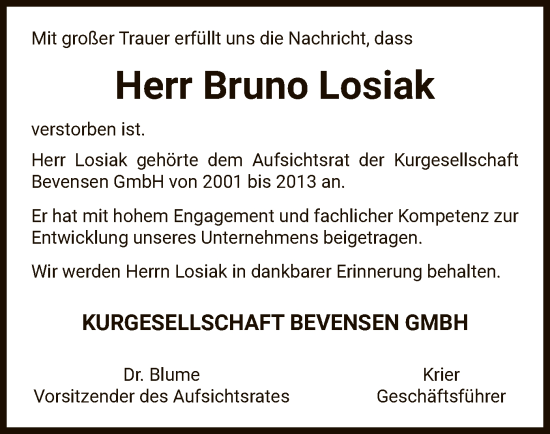 Traueranzeige von Bruno Losiak von UEL