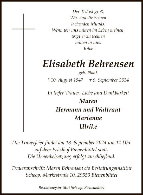 Traueranzeige von Elisabeth Behrensen von UEL