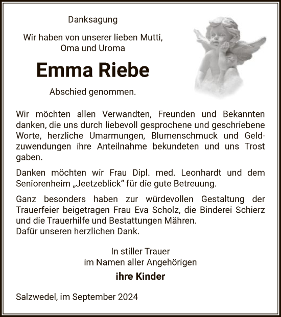 Traueranzeige von Emma Riebe von UEL