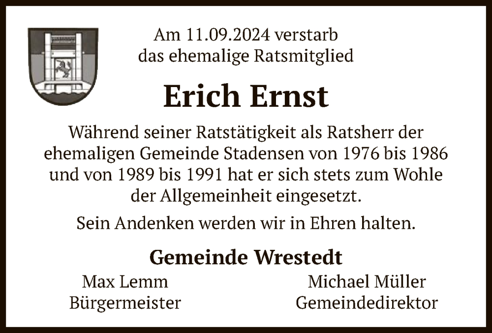  Traueranzeige für Erich Ernst vom 14.09.2024 aus UEL