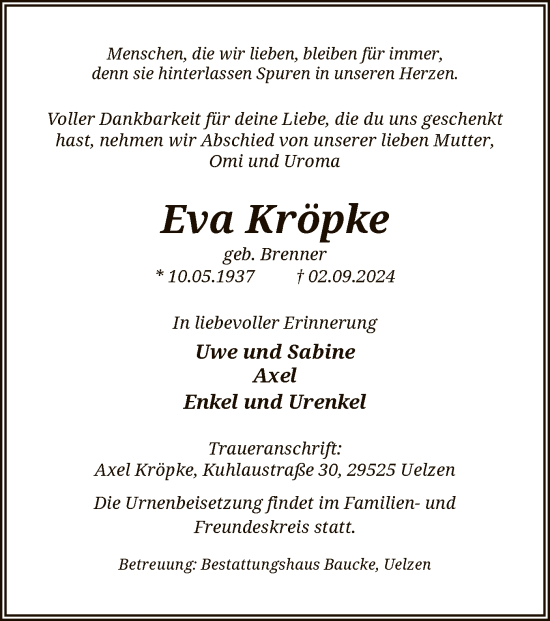 Traueranzeige von Eva Kröpke von UEL