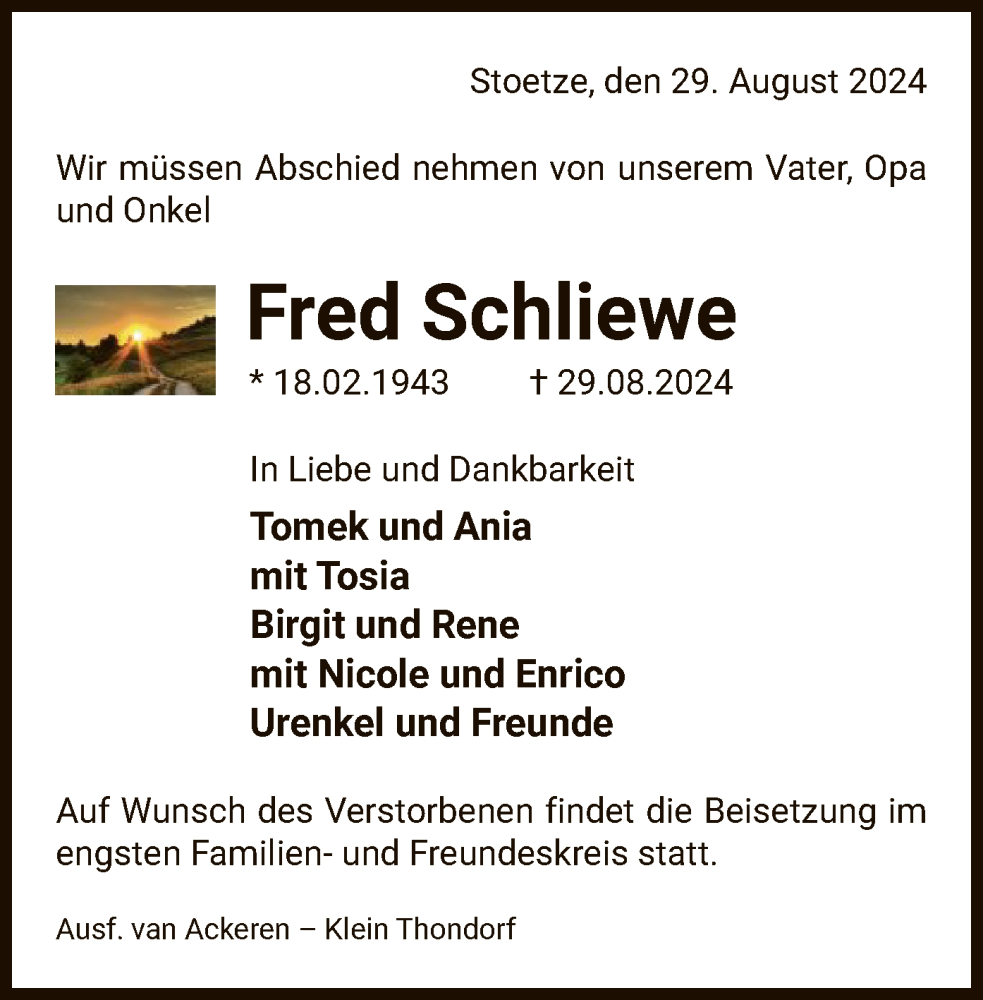  Traueranzeige für Fred Schliewe vom 14.09.2024 aus UEL